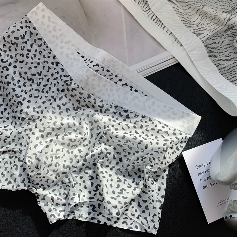 Men'S Summer Leopard Print Sexy Underwear Ice Silk Mid-Waist Comfort Breathable Boxer Briefs-RANBAO