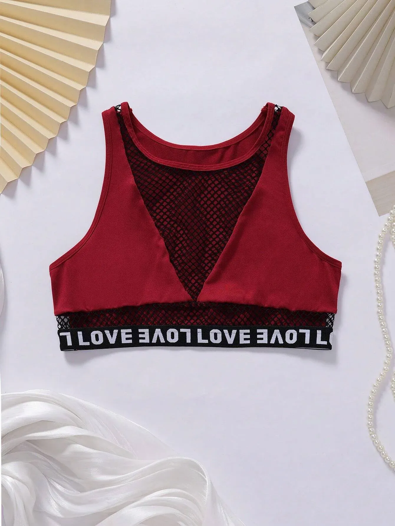 Manufacturer Polyester Elastane Custom Logo Tape Bralettes Mesh Patchwork Crop Top Women Letter Bras-RANBAO