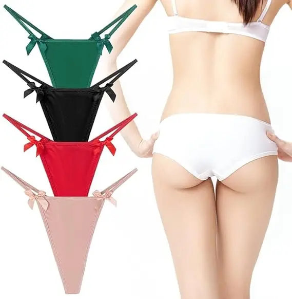 Women's Low-Rise Micro Back G-String Thong Panty Sexy Profile with Heart Buckle Bow Woven Logo on Waist-RANBAO