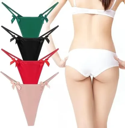 Women's Low-Rise Micro Back G-String Thong Panty Sexy Profile with Heart Buckle Bow Woven Logo on Waist-RANBAO