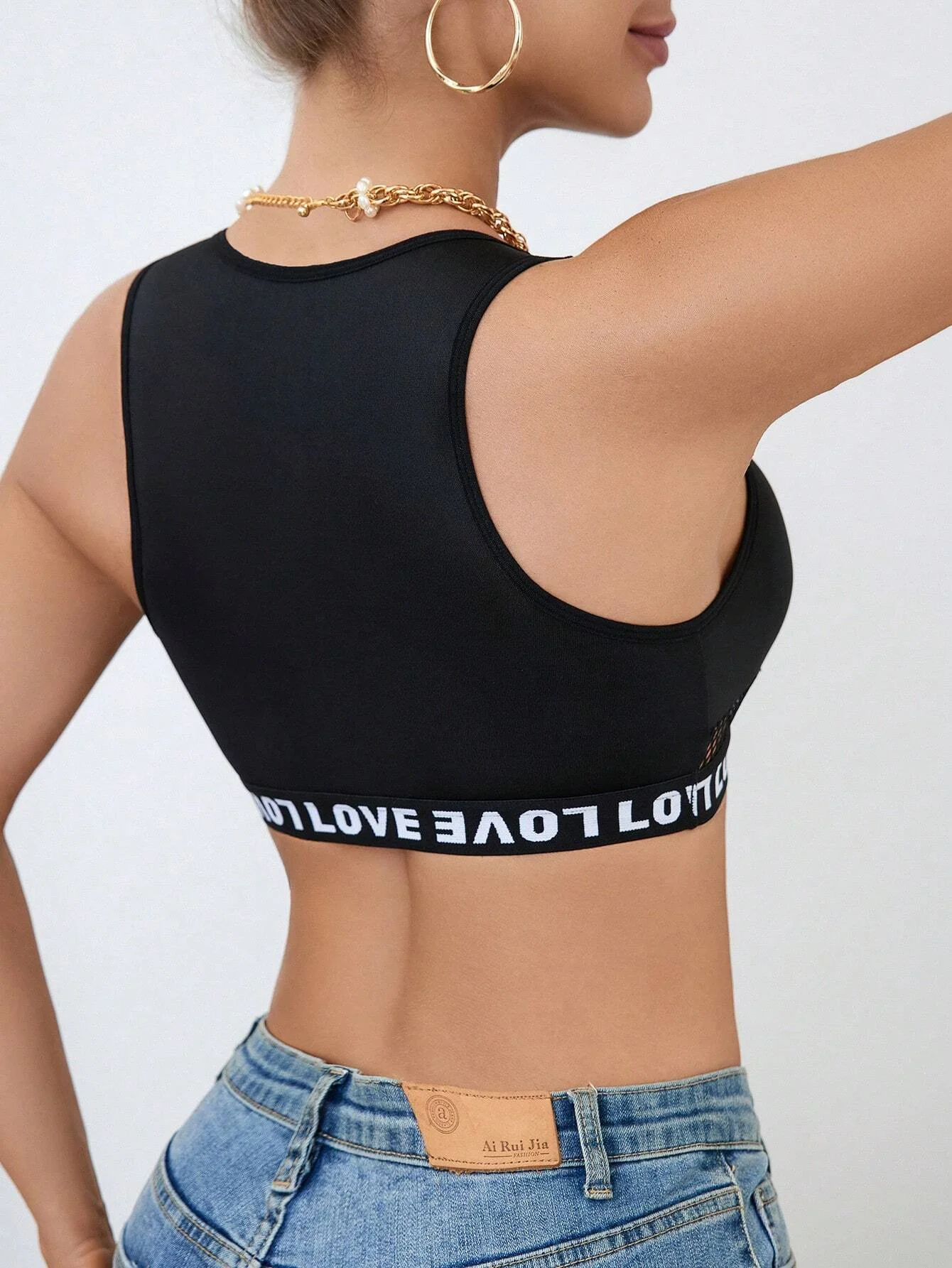 Manufacturer Polyester Elastane Custom Logo Tape Bralettes Mesh Patchwork Crop Top Women Letter Bras-RANBAO