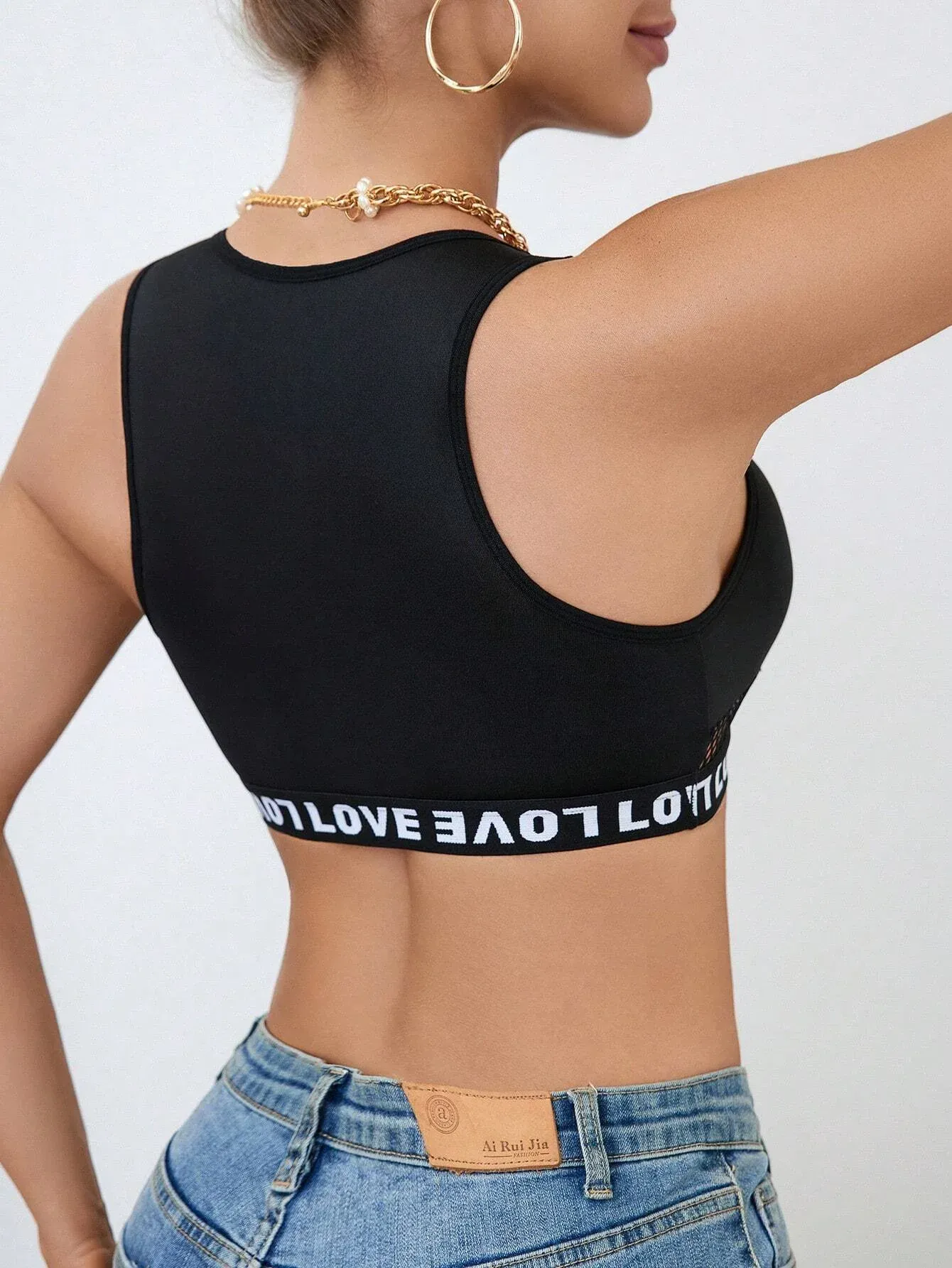 Manufacturer Polyester Elastane Custom Logo Tape Bralettes Mesh Patchwork Crop Top Women Letter Bras-RANBAO