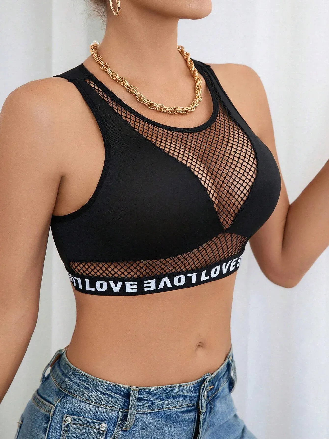 Manufacturer Polyester Elastane Custom Logo Tape Bralettes Mesh Patchwork Crop Top Women Letter Bras-RANBAO