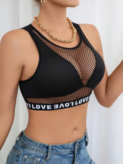 Manufacturer Polyester Elastane Custom Logo Tape Bralettes Mesh Patchwork Crop Top Women Letter Bras-RANBAO