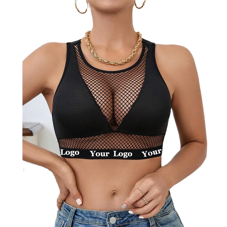 Manufacturer Polyester Elastane Custom Logo Tape Bralettes Mesh Patchwork Crop Top Women Letter Bras-RANBAO