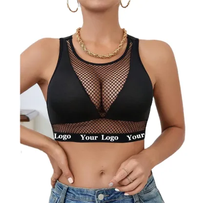 Manufacturer Polyester Elastane Custom Logo Tape Bralettes Mesh Patchwork Crop Top Women Letter Bras-RANBAO