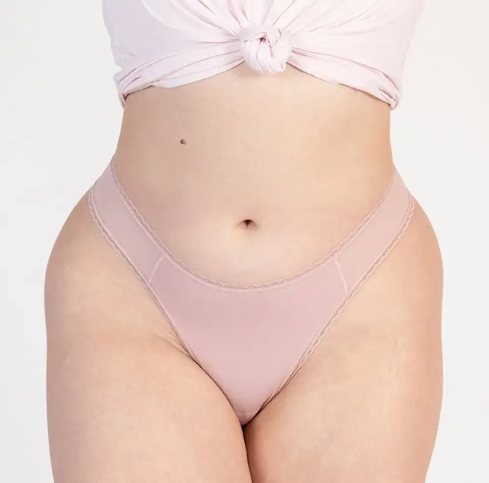 Custom Everyday Sexy Comfy Soft Organic Lace Cotton Fabric High Leg Cut Organic Cotton Mid Rise Women Thong-RANBAO
