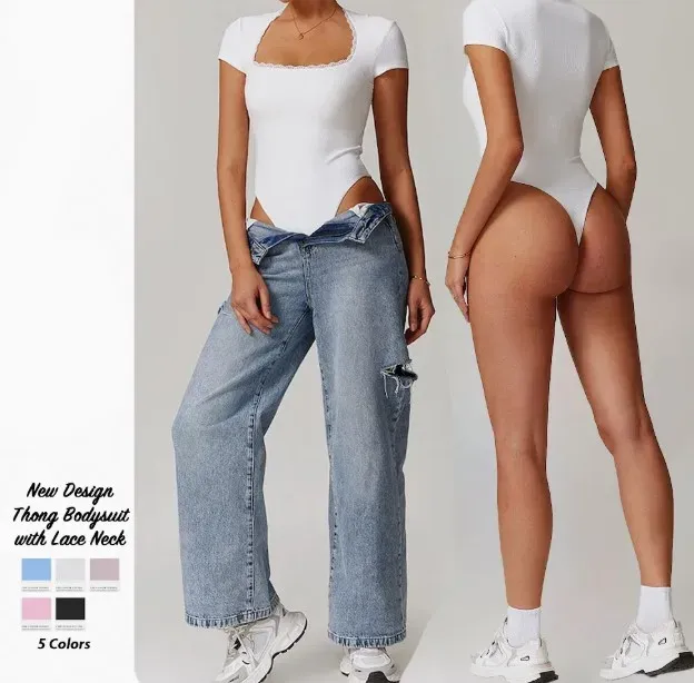 Wholesale New Cute Fashion Ribbed Sculpting Thony Shapewear Sexy Neck Short Sleeved Tummy Control Yoga Sports Bodysuit-RANBAO