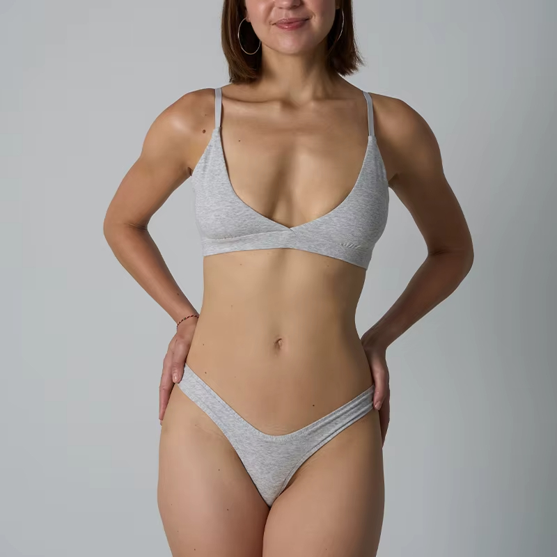 Women 2-Piece Cotton Spandex Underwear Set-Sexy V-Neck Bra Top & Mid-Rise Brief-Soft Everyday Lounge Matching Set