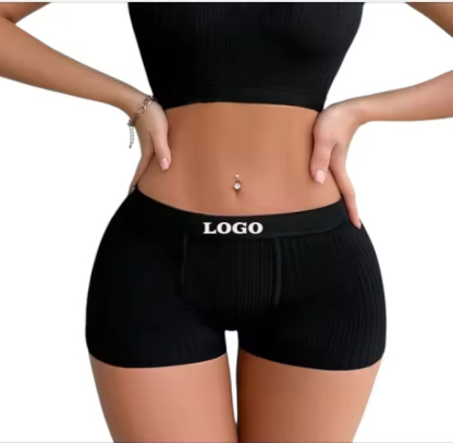 Yoga Ladies' Bra Boyshorts Black Pink Underwear Set With Letter-Printed Elastic Tape