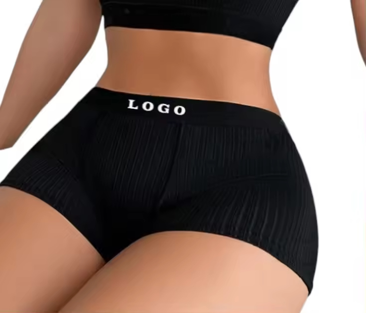 Yoga Ladies' Bra Boyshorts Black Pink Underwear Set With Letter-Printed Elastic Tape