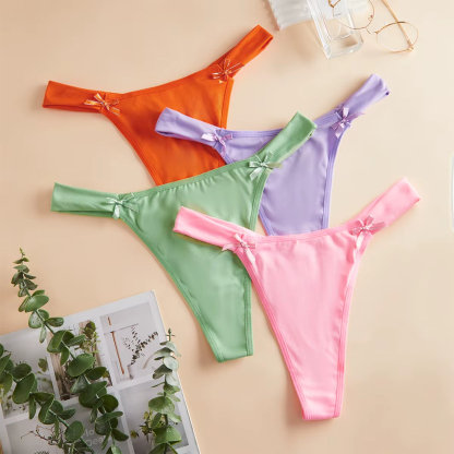 Mature Sexy Woman Solid Color Bow G-string Femme Low Rise Comfortable Breathable Panties Thong for Ladies