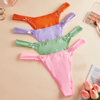 Mature Sexy Woman Solid Color Bow G-string Femme Low Rise Comfortable Breathable Panties Thong for Ladies