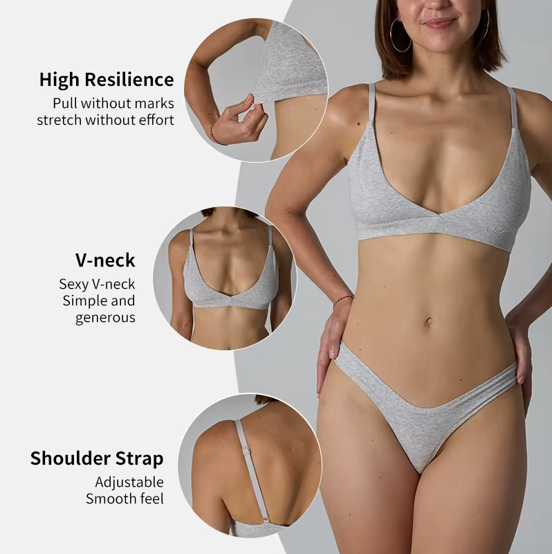 Women 2-Piece Cotton Spandex Underwear Set-Sexy V-Neck Bra Top & Mid-Rise Brief-Soft Everyday Lounge Matching Set