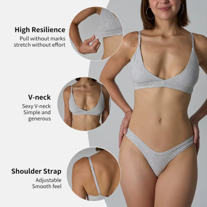 Women 2-Piece Cotton Spandex Underwear Set-Sexy V-Neck Bra Top & Mid-Rise Brief-Soft Everyday Lounge Matching Set