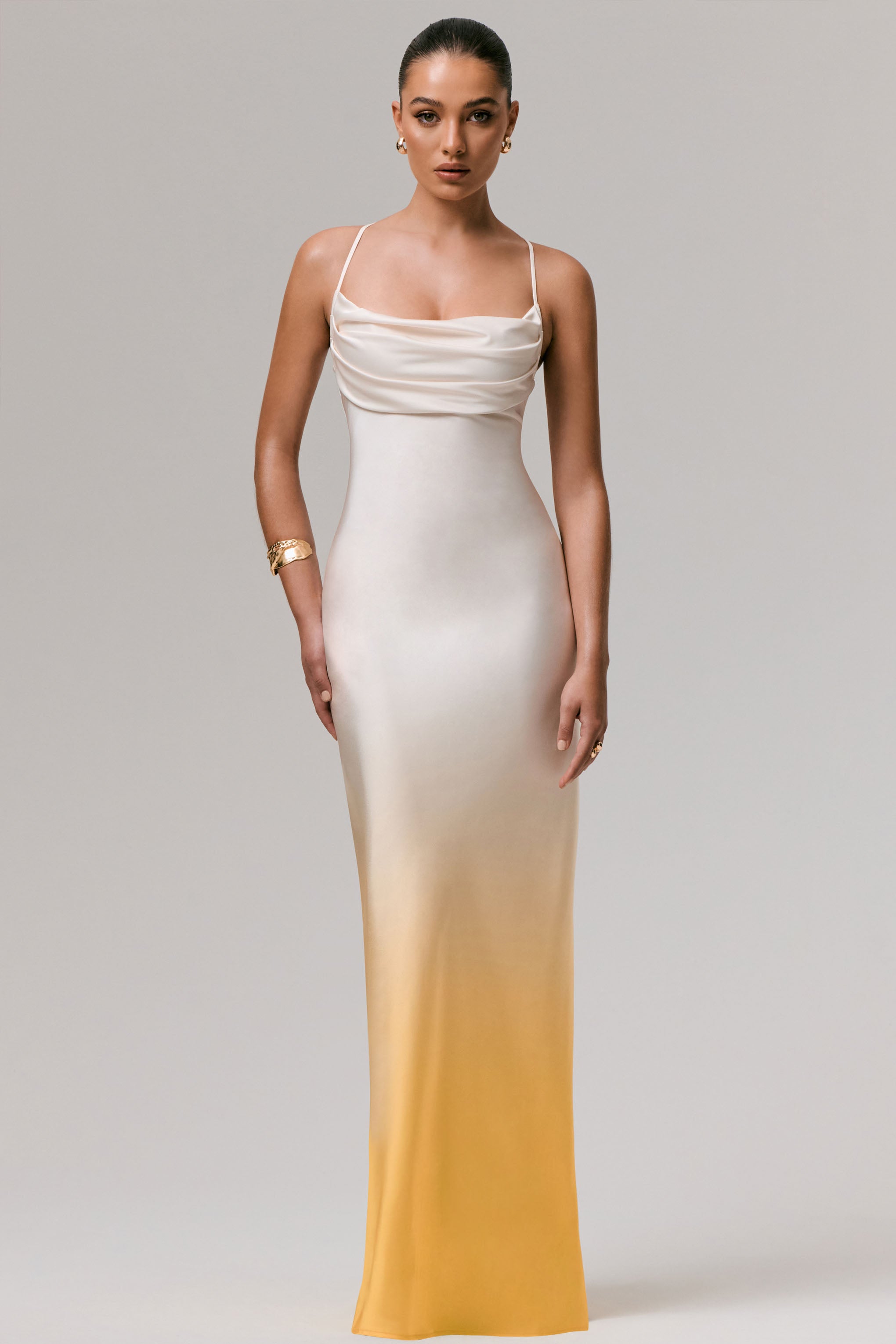 Yellow Ombre Satin Cowl-Neck Maxi Dress