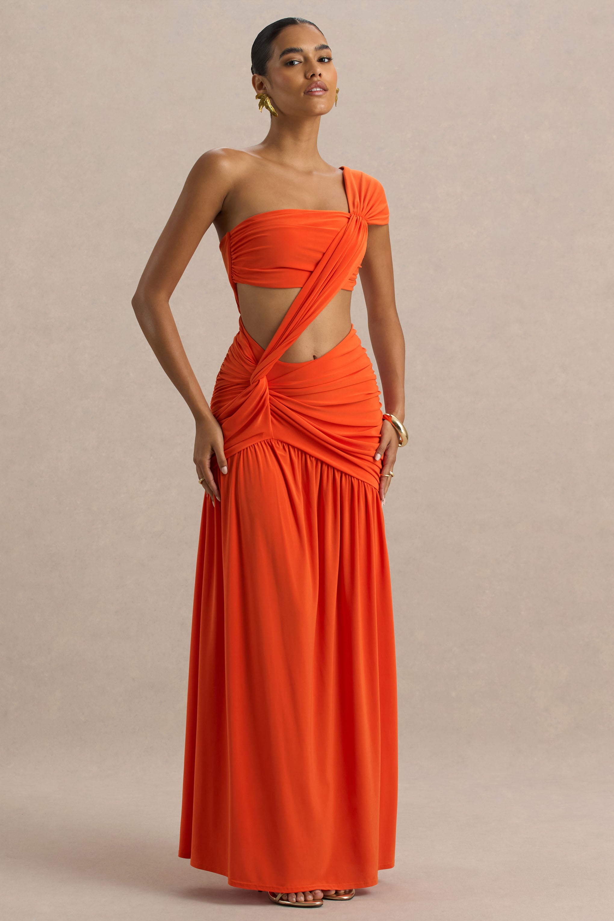 Orange Asymmetric Maxi Dress With Cut-Out Detail and Open-Back
