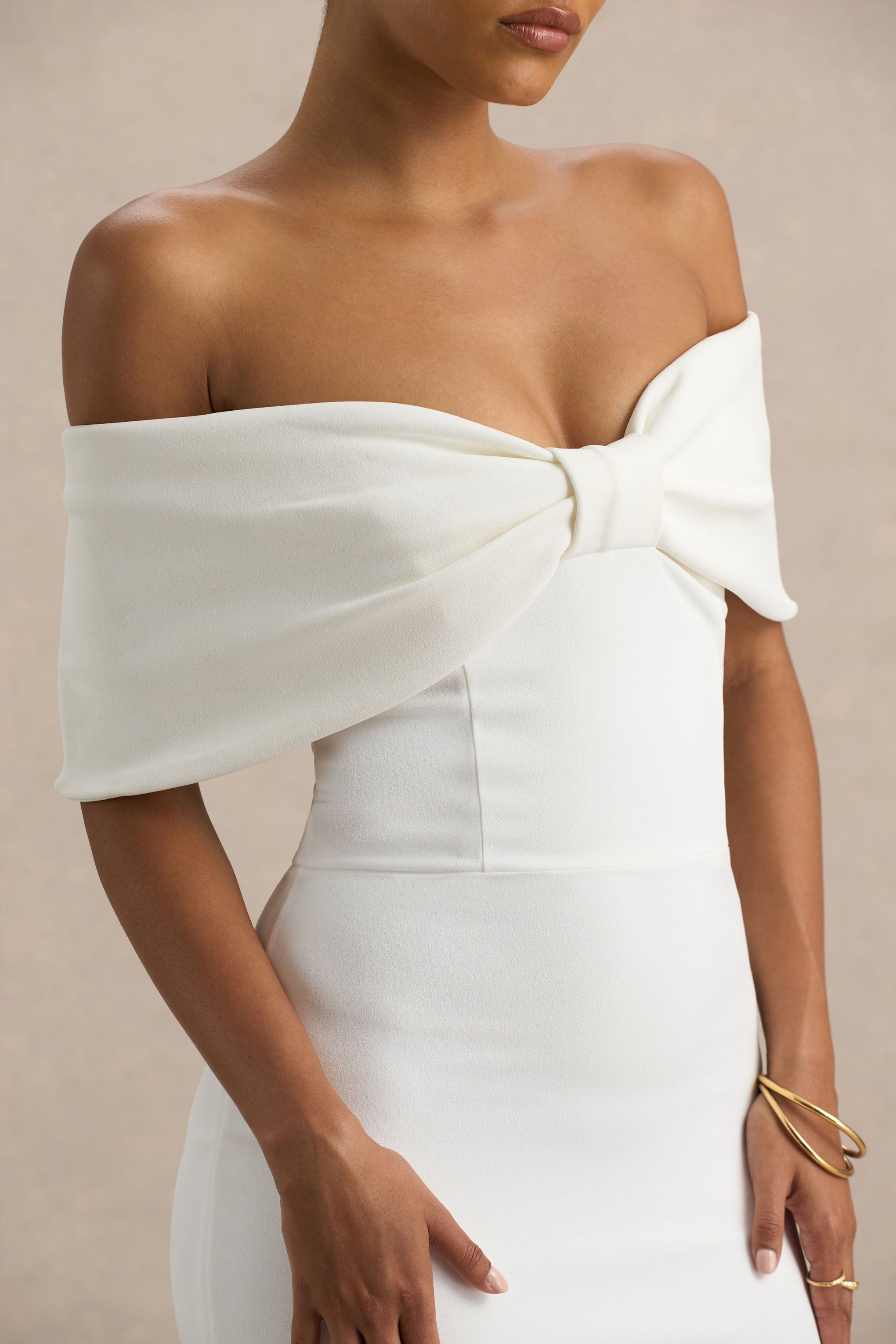 White Bow Bardot Midi Dress