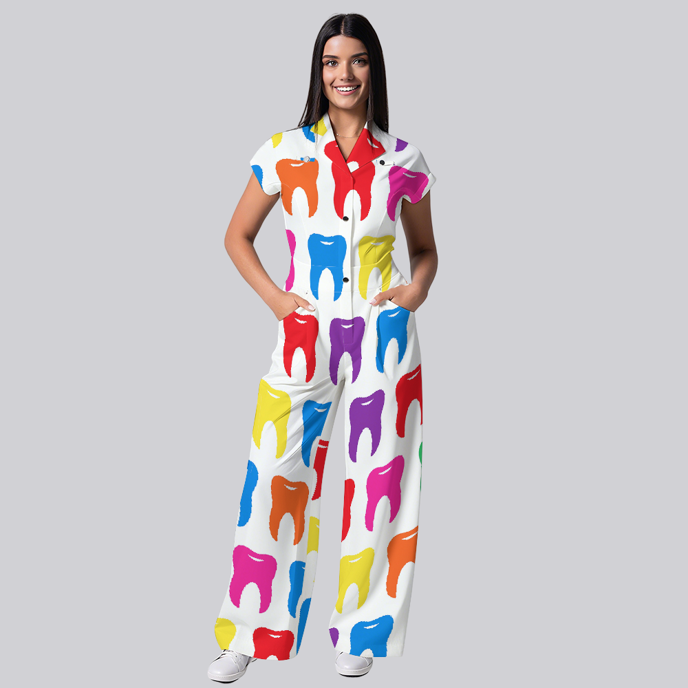 Women's Colorful Teeth Printed Scrub Jumpsuit JT05