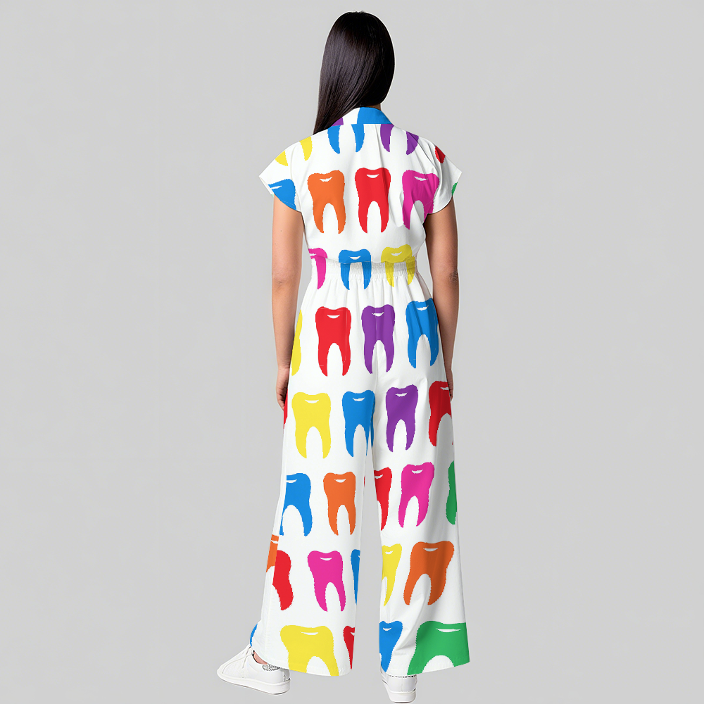 Women's Colorful Teeth Printed Scrub Jumpsuit JT05