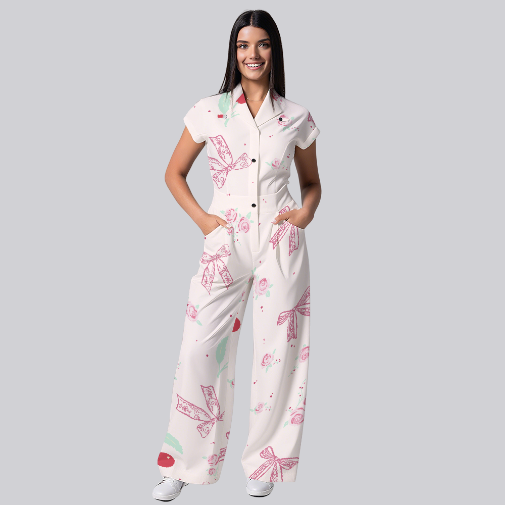 Women's Lapel Collar Wide Leg Cherry Print Scrub Jumpsuit