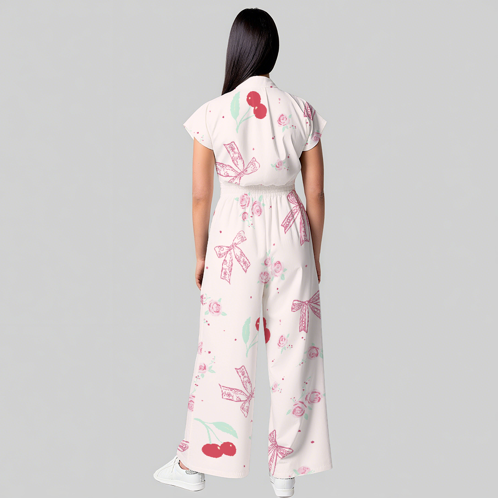 Women's Lapel Collar Wide Leg Cherry Print Scrub Jumpsuit