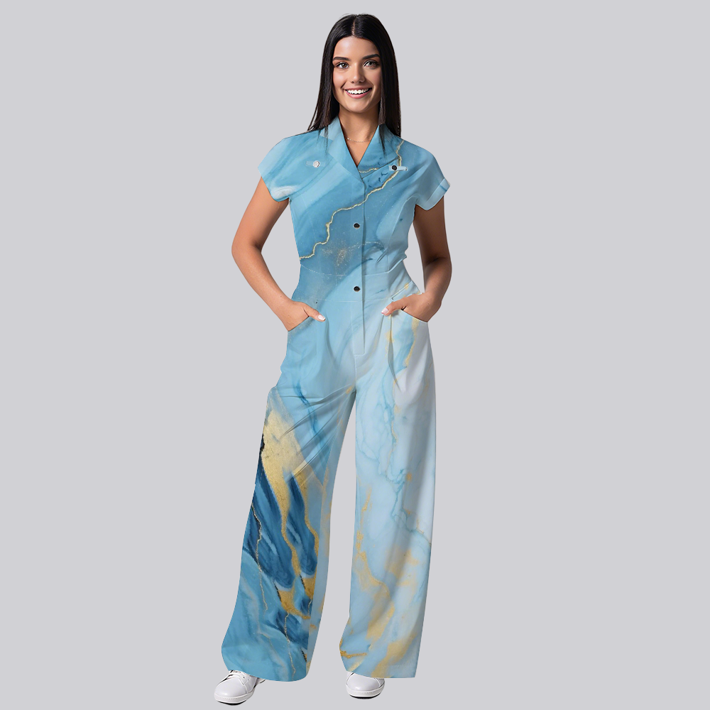 Women's Blue Marble Printed Scrub Jumpsuit JA02