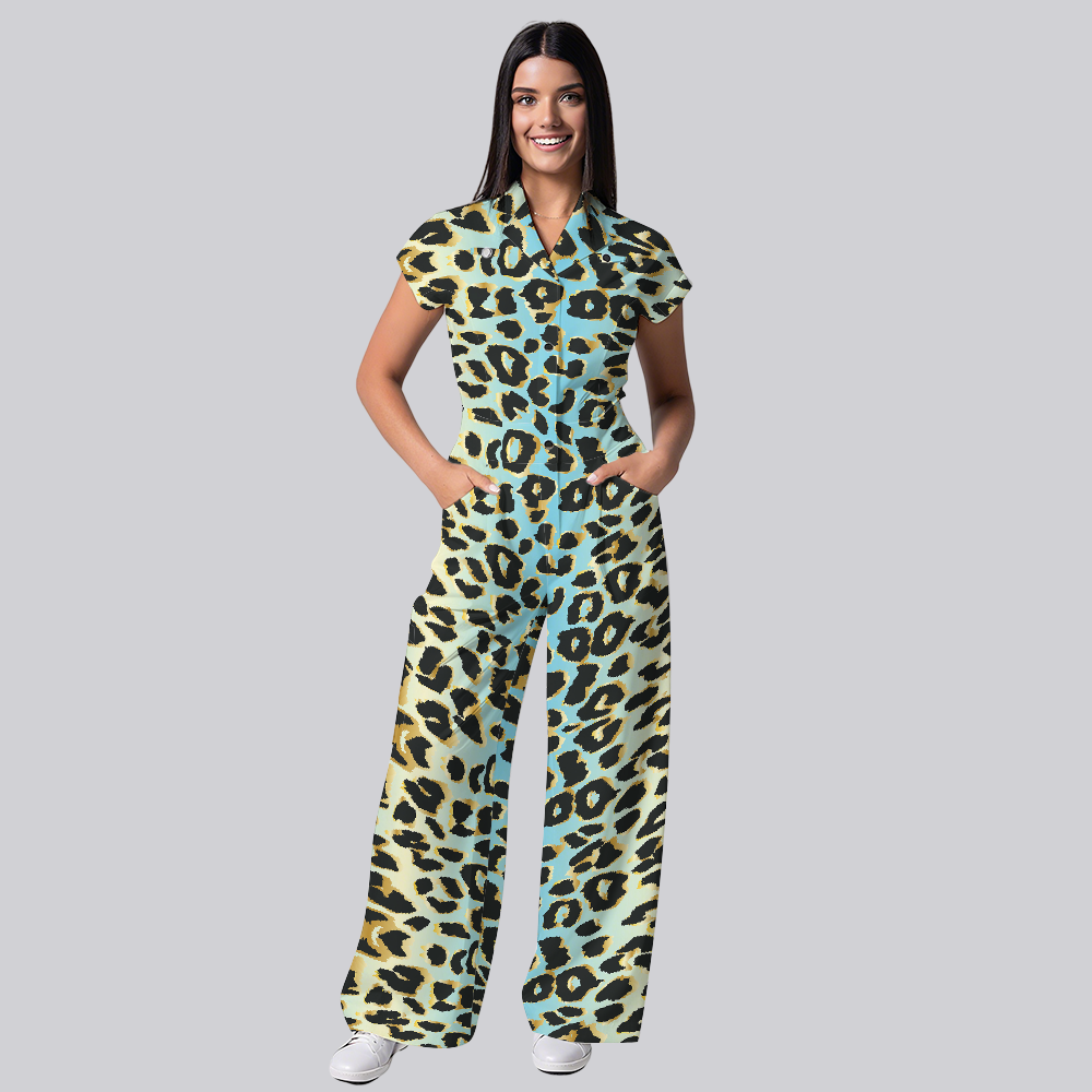 Women's Blue Ombre Leopard Printed Scrub Jumpsuit JL06