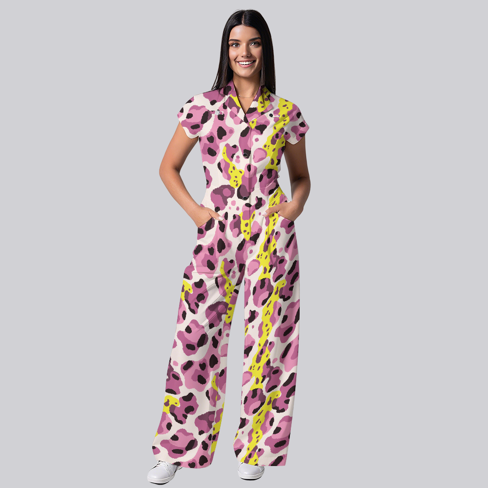 Women's Wide Leg Multicolor Leopard Print Scrub Jumpsuit