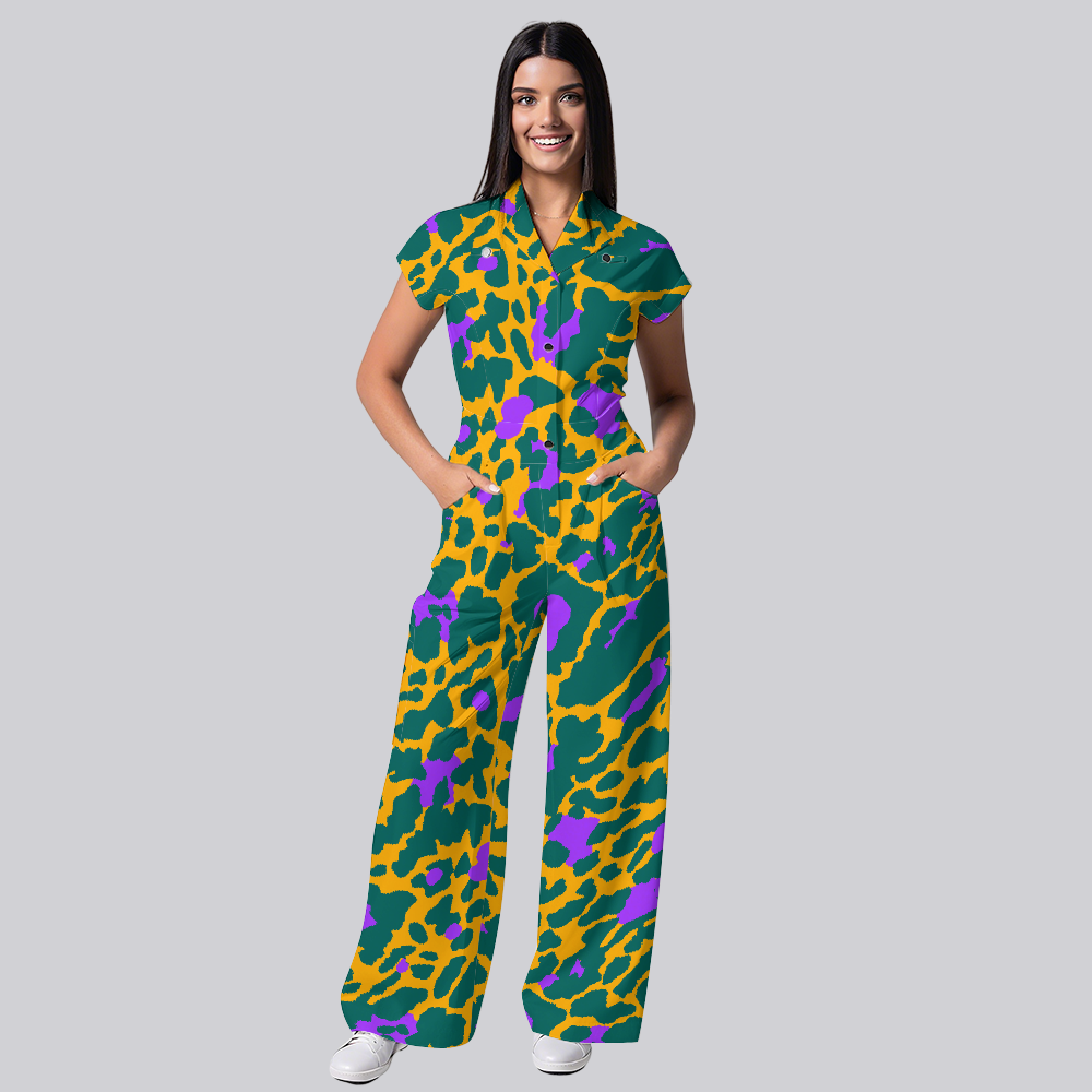 Women's African Purple Leopard Printed Scrub Jumpsuit JL03