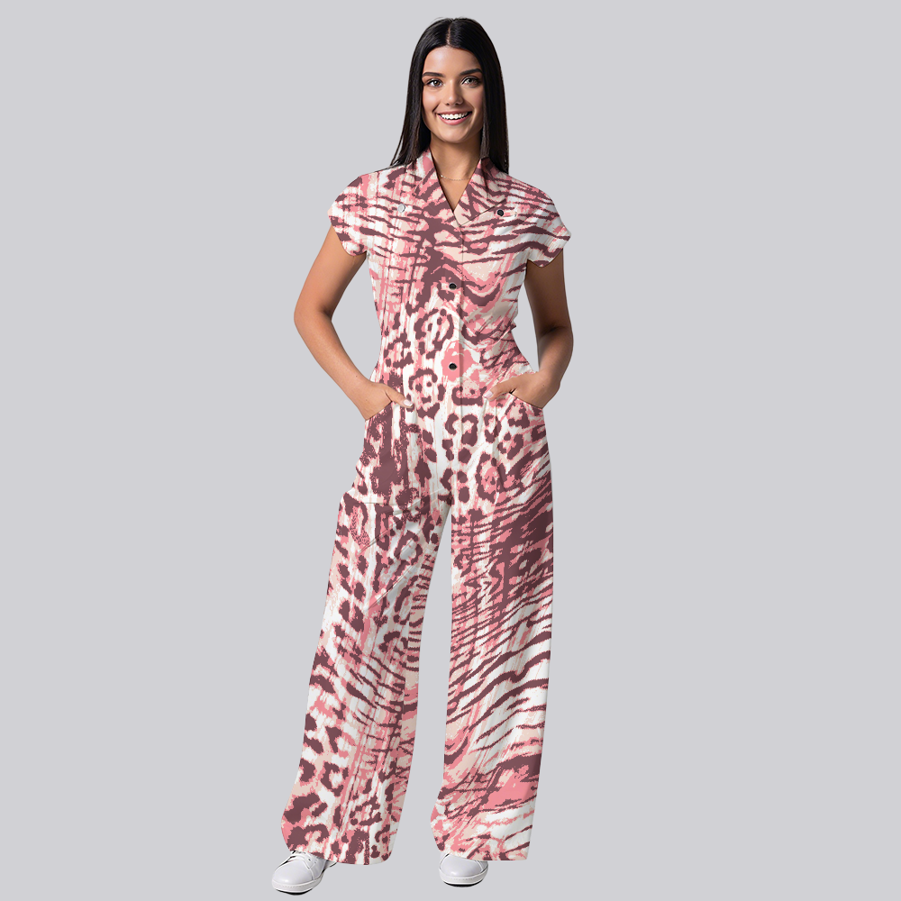 Women's Pink Leopard Printed Scrub Jumpsuit JL02