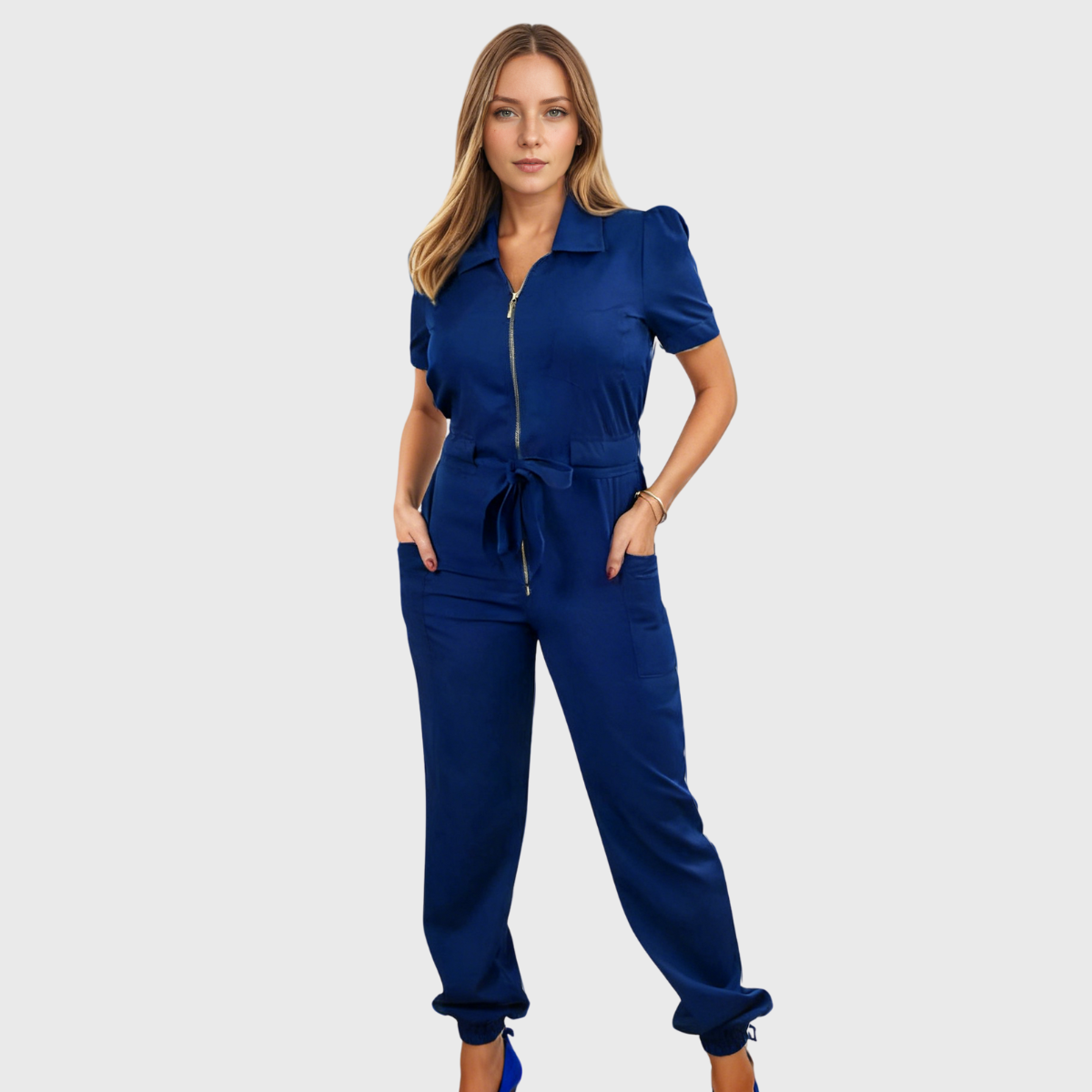 Women's Polo Neck Puff Sleeve Scrub Jumpsuit