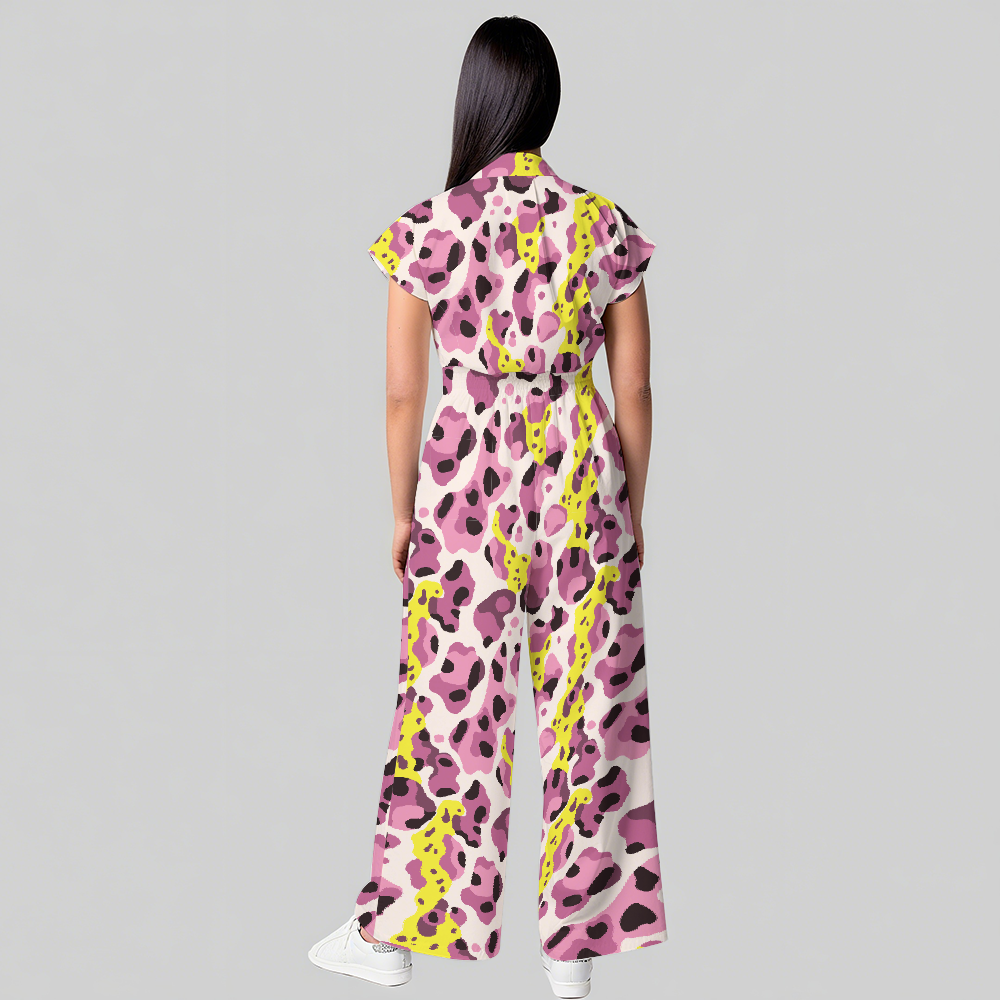 Women's Wide Leg Multicolor Leopard Print Scrub Jumpsuit