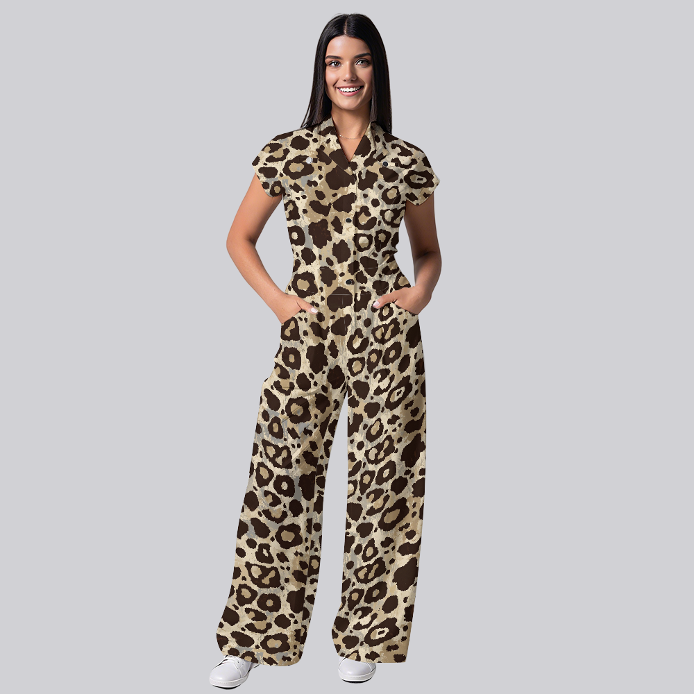 Women's Leopard Collection Printed Wide Leg Scrub Jumpsuit