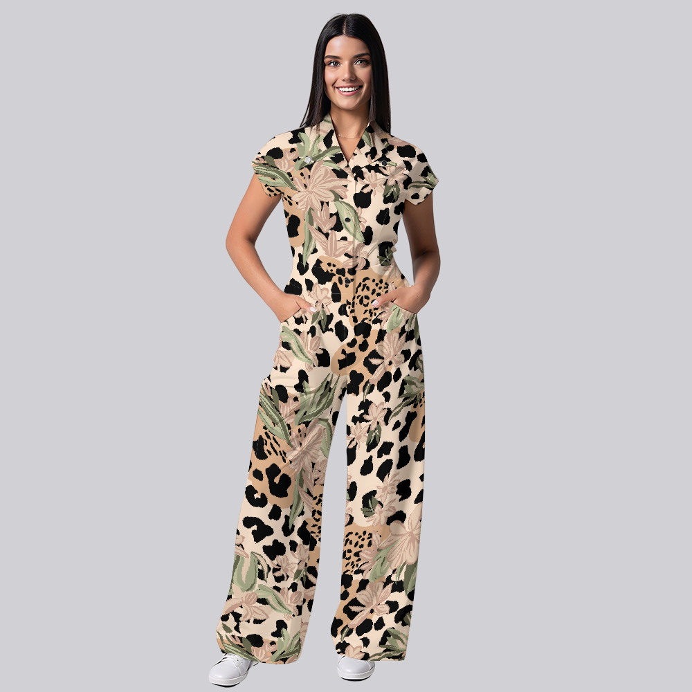 Women's Wide Leg Leopard Flower Print Scrub Jumpsuit