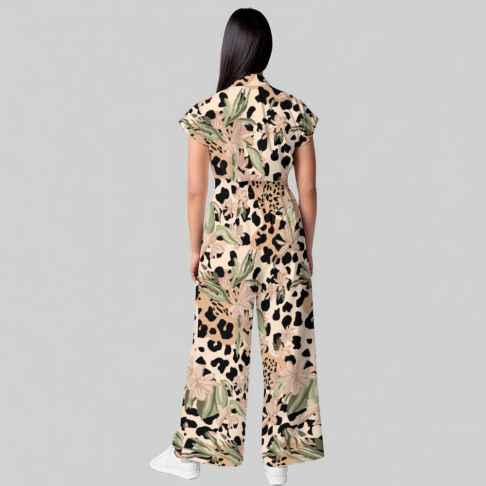 Women's Wide Leg Leopard Flower Print Scrub Jumpsuit