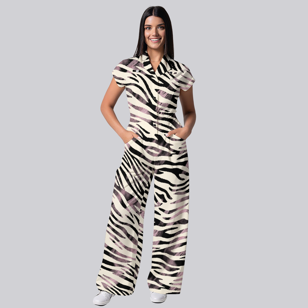 Women's Wide Leg Zebra Print Scrub Jumpsuit