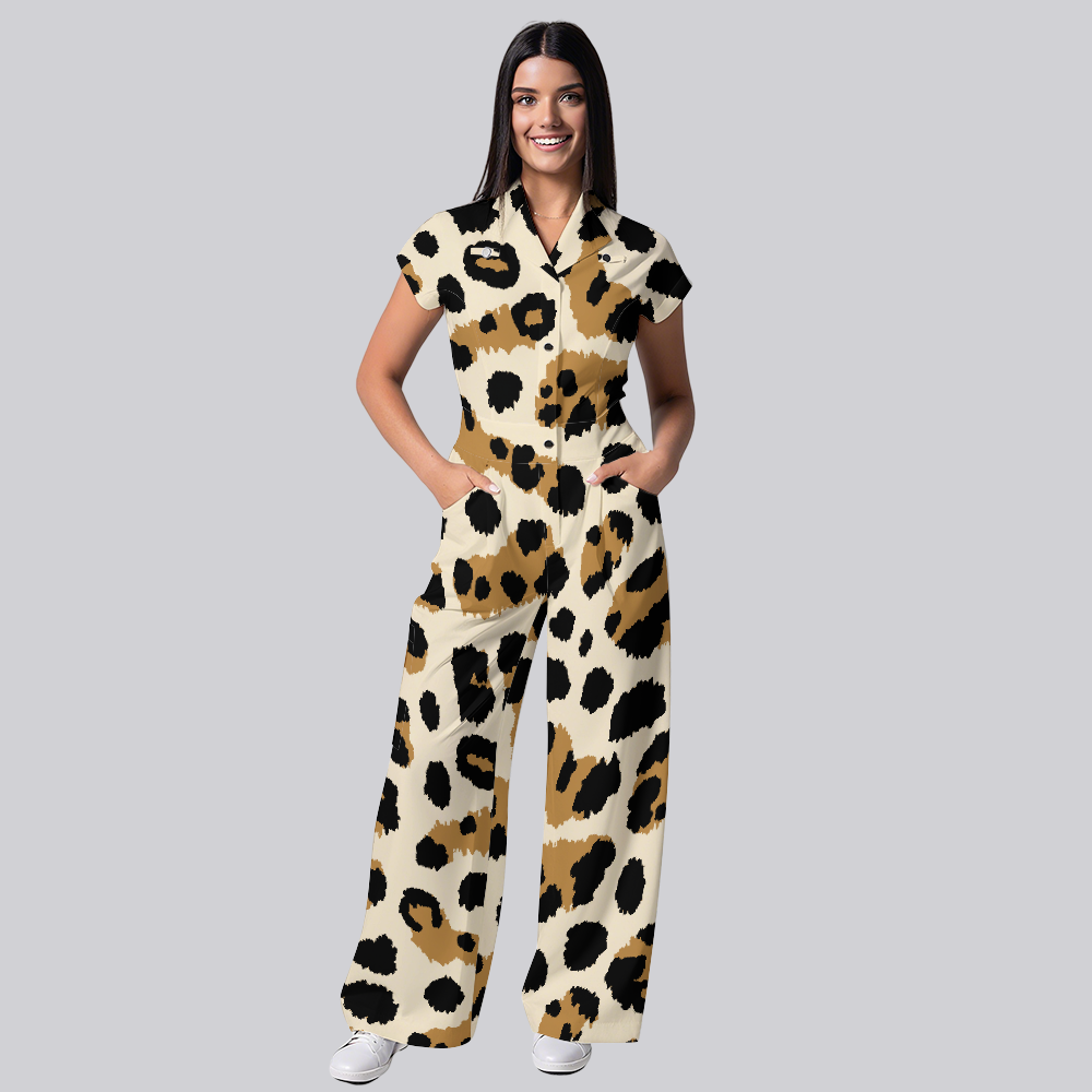 Women's Leopard Collection Printed Wide Leg Scrub Jumpsuit
