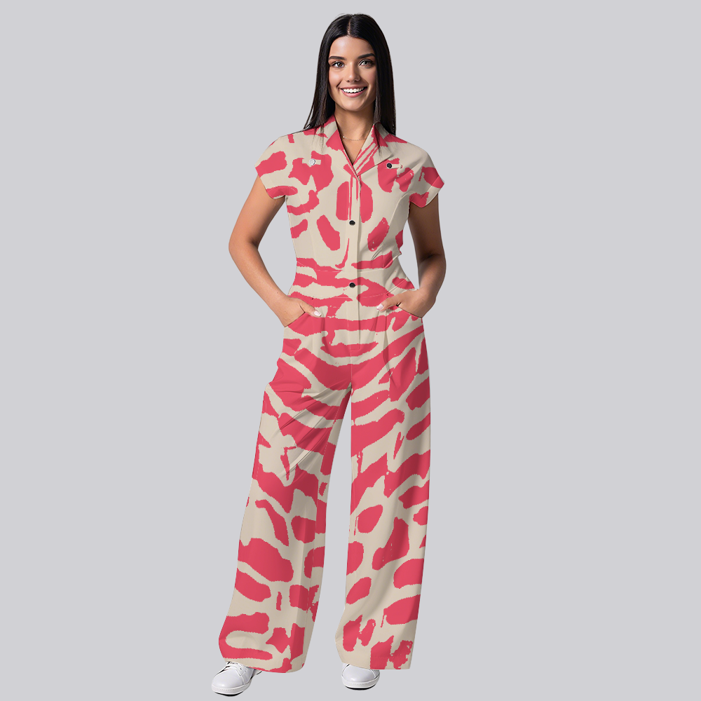 Women's Pink Zebra Print Wide Leg Scrub Jumpsuit
