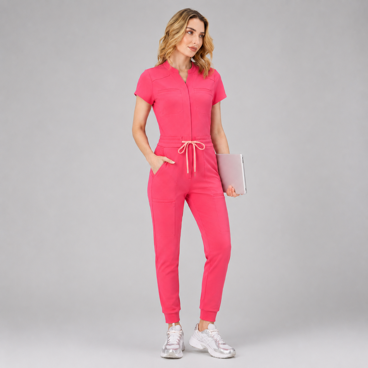 Women's Multi-Pocket Drawstring Jogger Scrub Jumpsuit