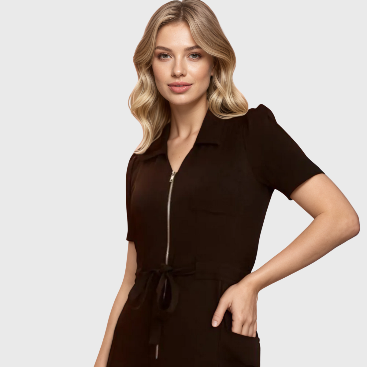 Women's Polo Neck Puff Sleeve Scrub Jumpsuit