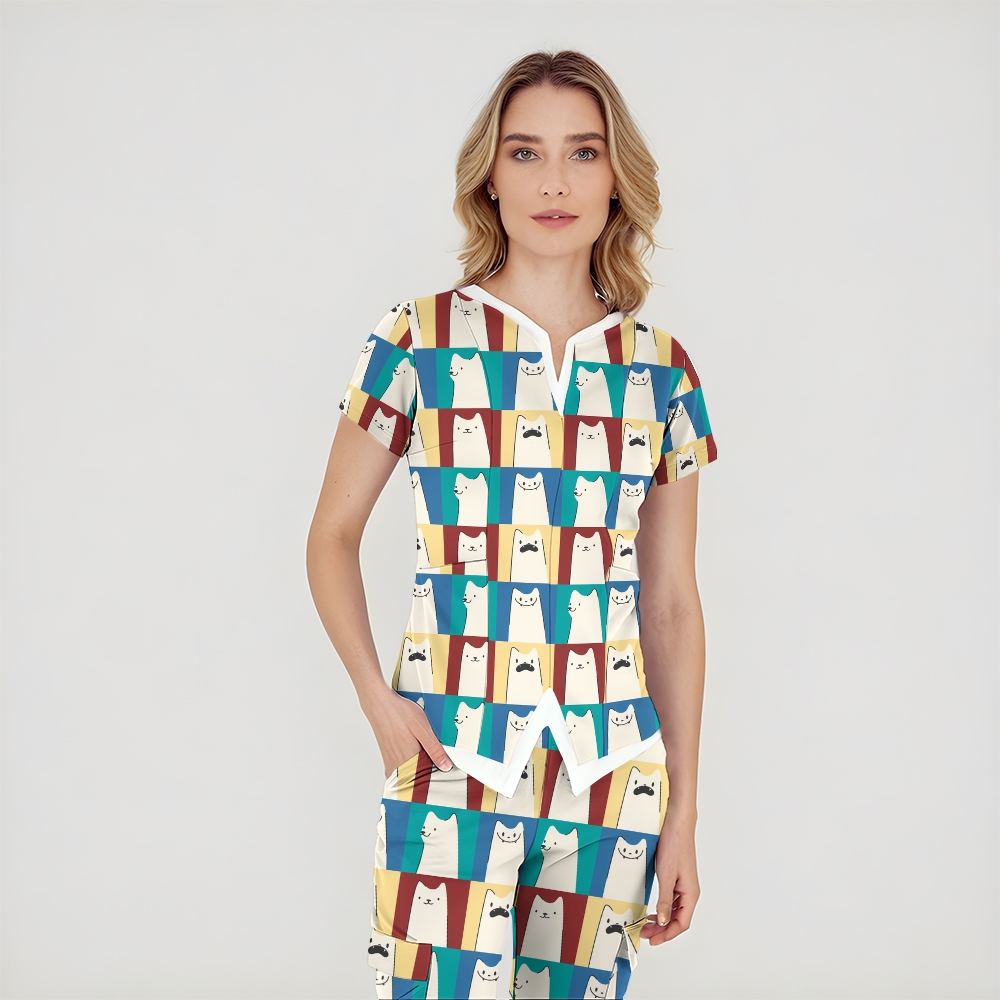 Women's Split Neck Cartoon Animals Printed Scrub Top