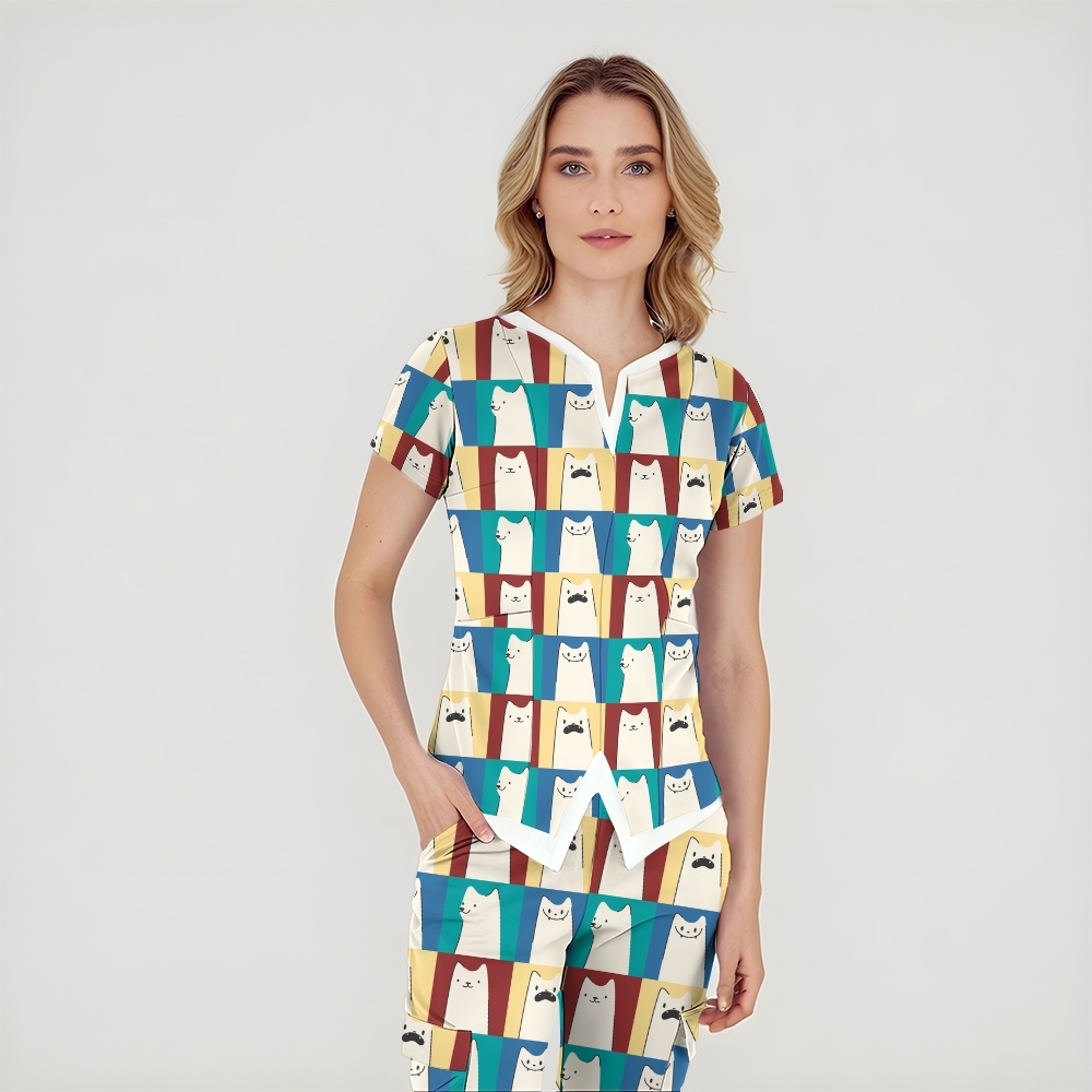 Women's Split Neck Cartoon Animals Printed Scrub Top