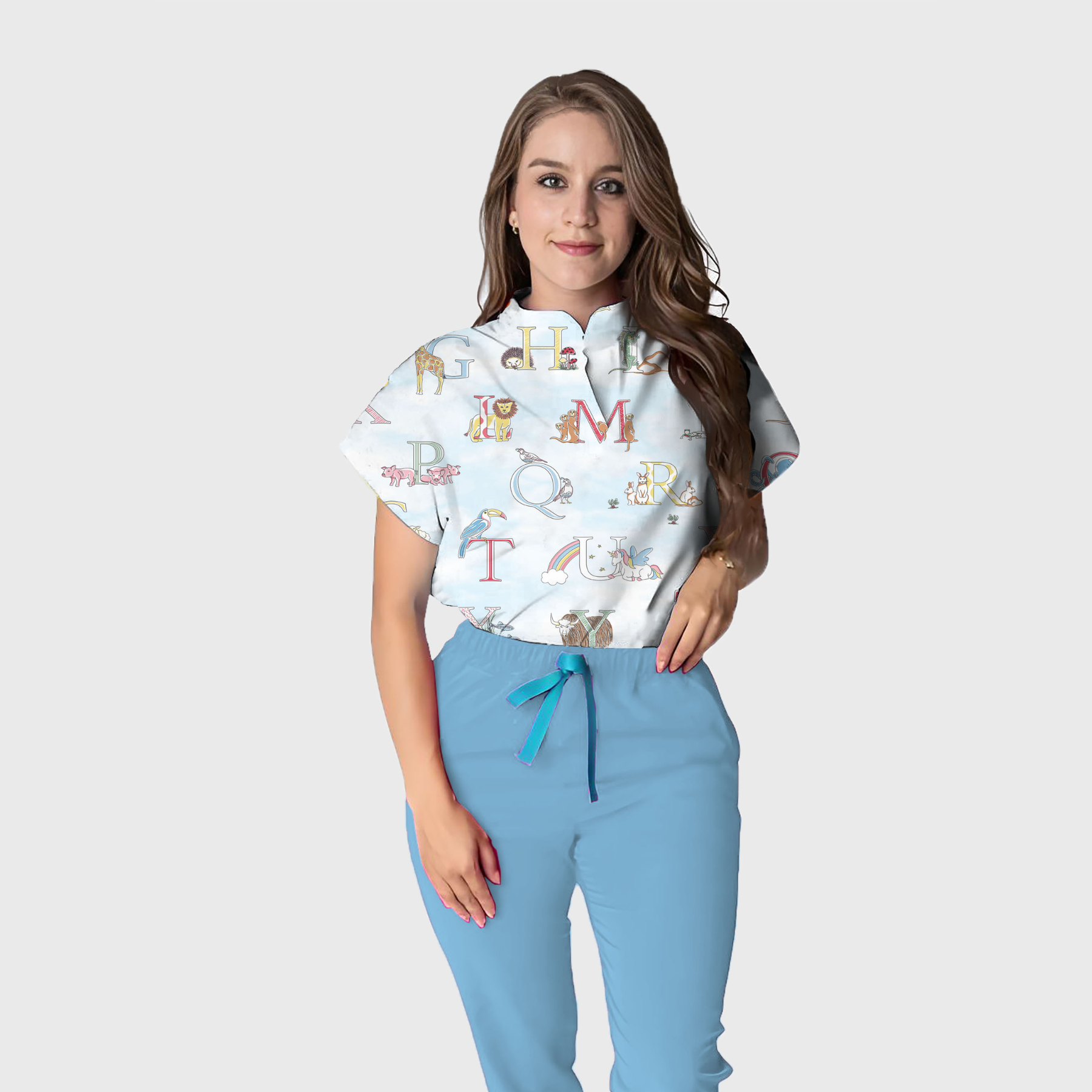 Women's Loose Fit Mandarin Collar Printed Scrub Top™