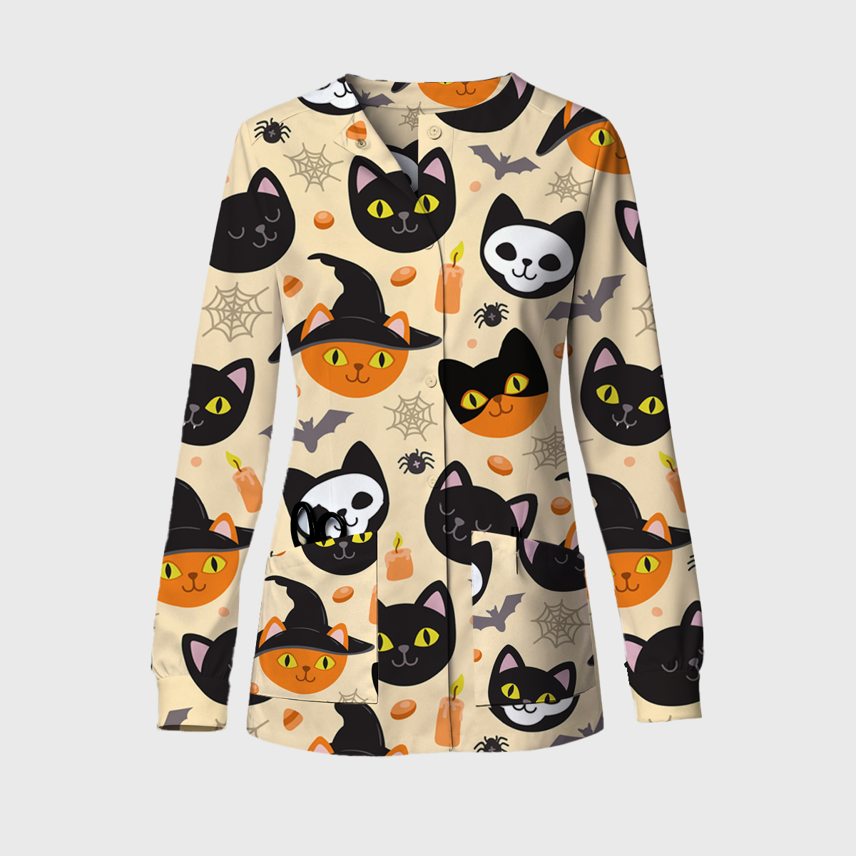 Halloween Long Sleeve Snap-Front Cat Print Lightly Fleece Scrub Jacket