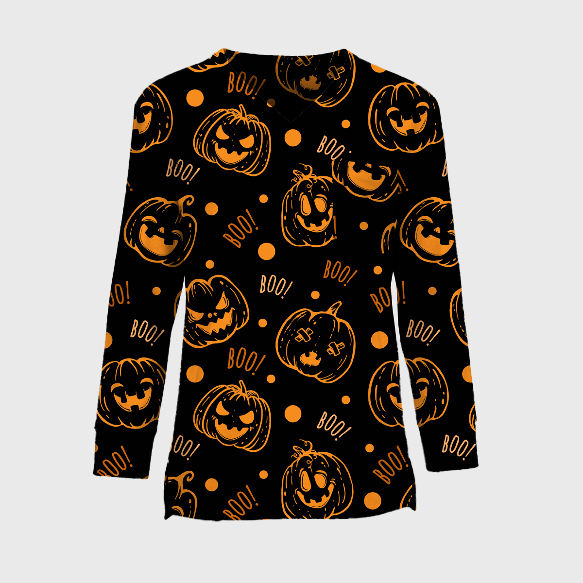 Halloween Easy STRETCH Women's Long Sleeve Pumpkin Printed Scrub Top