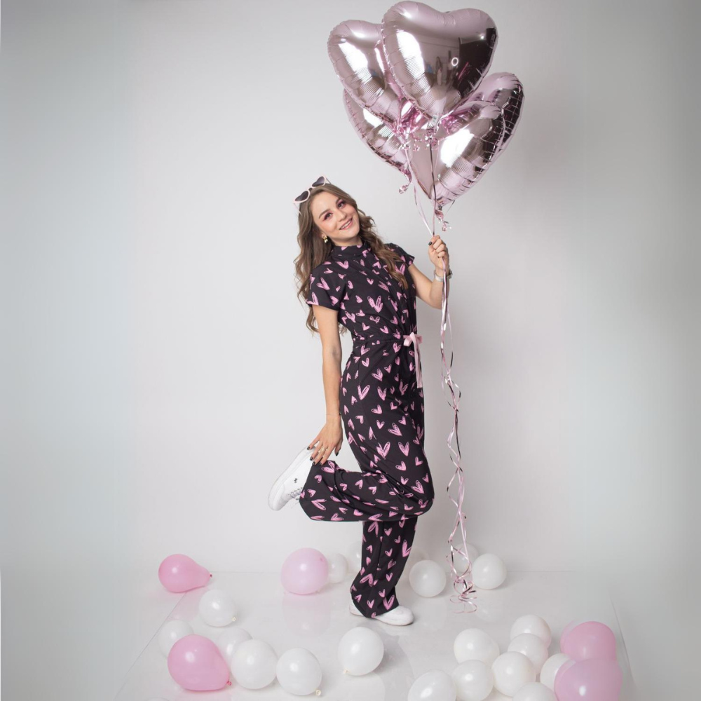 Women's Pink Heart Print Long Flared Cut Scrub Jumpsuit