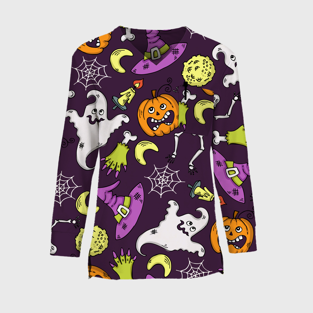 Halloween Easy STRETCH Women's Long Sleeve Deep Purple Printed Scrub Top