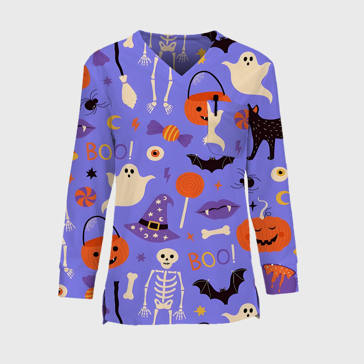 Halloween Easy STRETCH Women's Long Sleeve Printed Scrub Top
