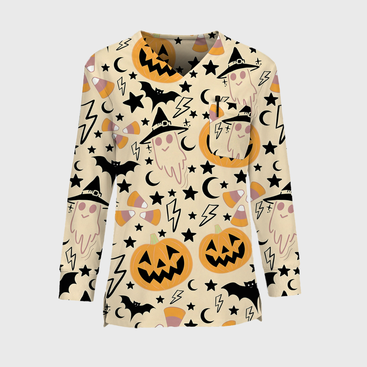 Halloween Easy STRETCH Women's Long Sleeve BOO Printed Scrub Top